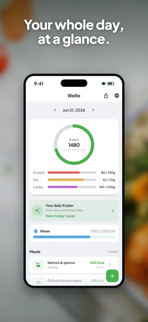 Wellix app analyzing a photo of a salad on iPhone — 4/10