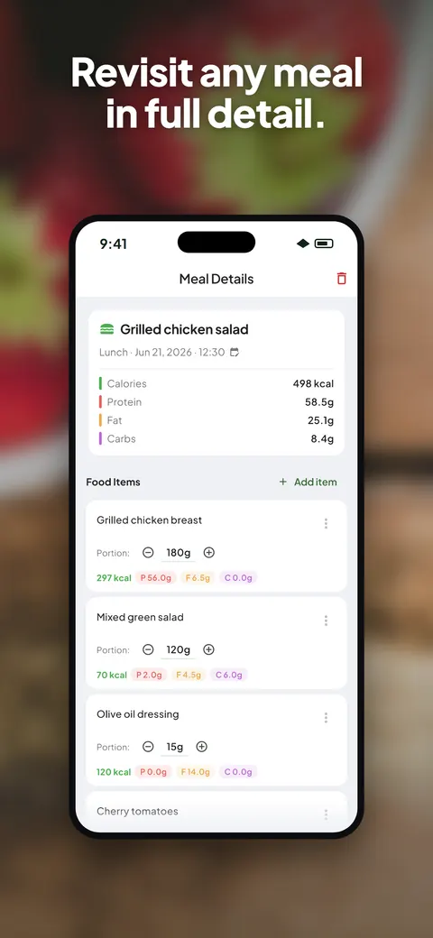 Wellix app analyzing a photo of a salad on iPhone — 6/10
